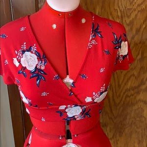 Retro floral red blue crop top boho festival